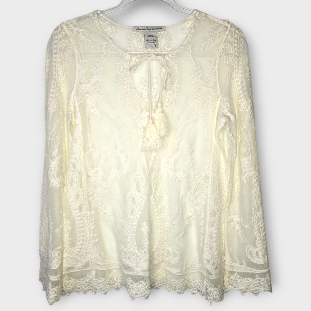 Feminine Sheer Lace Blouse Size S Ivory Tassel Coquette Whimsigoth Festival Goth